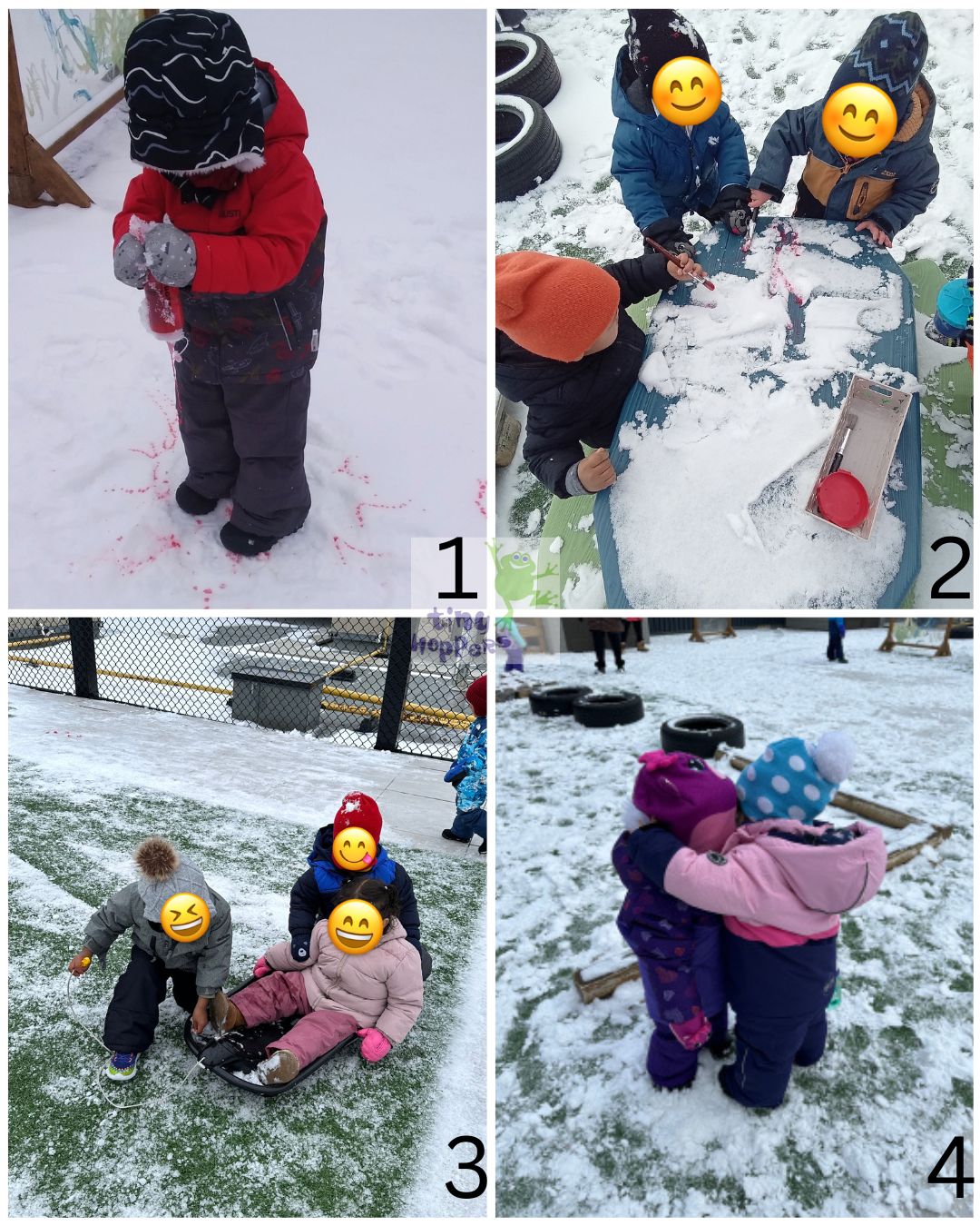 A college with 4 photos in which different scenarios of children playing in the snow can be seen.