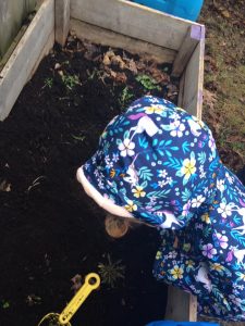 Toddler scooping up soil