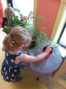 Kids playing with the soil under a plant