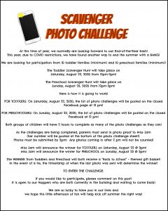 Image shows the rules for toddlers and preschoolers completing the photo scavenger hunt