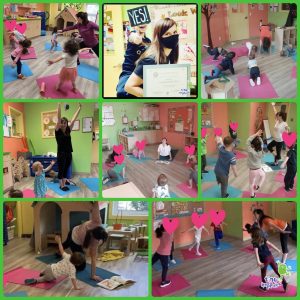 A collage of images of toddlers doing yoga with an instructor
