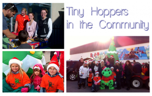 A collage of photos of Tiny Hoppers at charity events