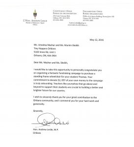 Letter from Orleans MP Andrew Leslie