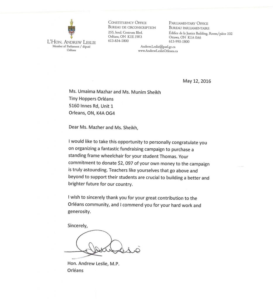 Letter from Orleans MP Andrew Leslie